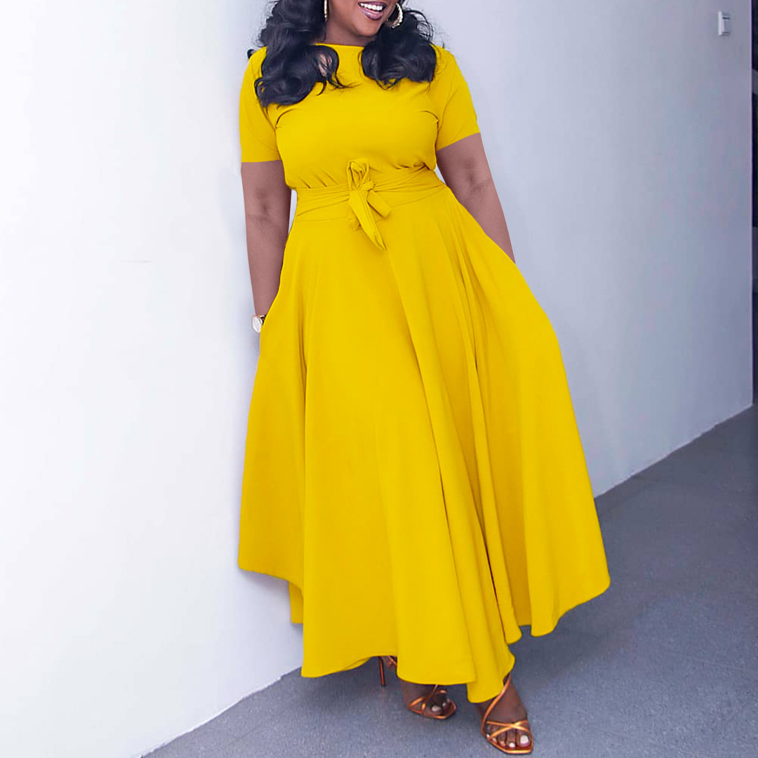 Women's Summer Fashion Chic Solid Short Sleeve A-Line Africa Plus Size Dress