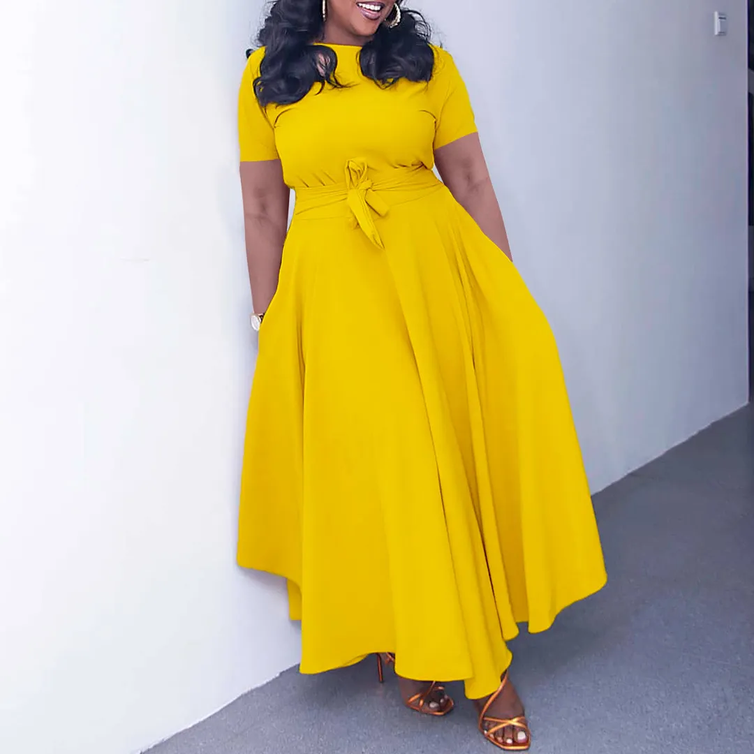 Women's Summer Fashion Chic Solid Short Sleeve A-Line Africa Plus Size Dress