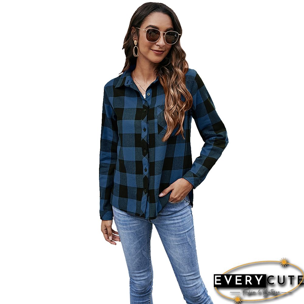 Navy Blue Plaid Print Cotton Shirt with Pockets