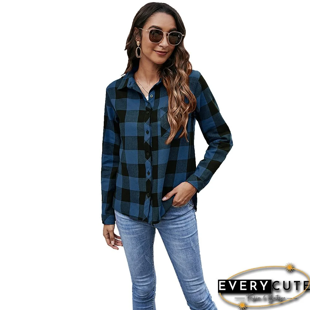 Navy Blue Plaid Print Cotton Shirt with Pockets