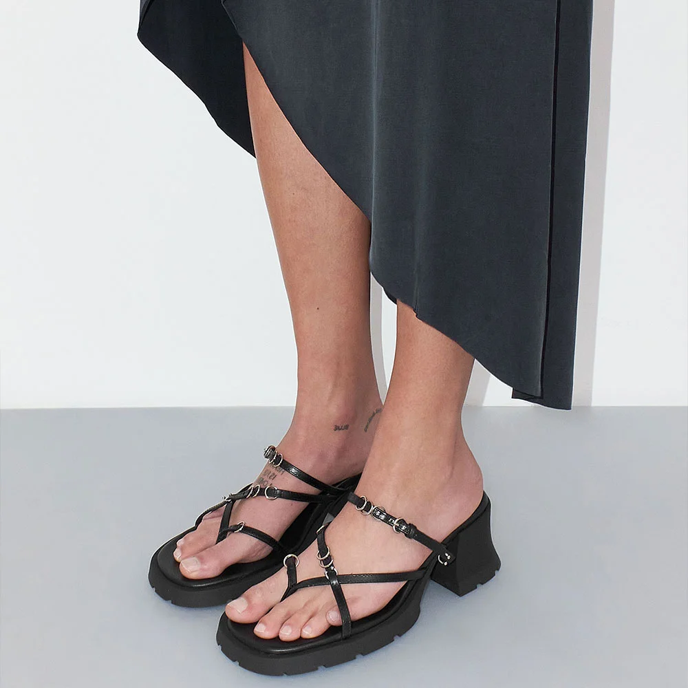 Black Round Toe Chunky Heel Hoops Buckle Flip Flops Mules Sandals