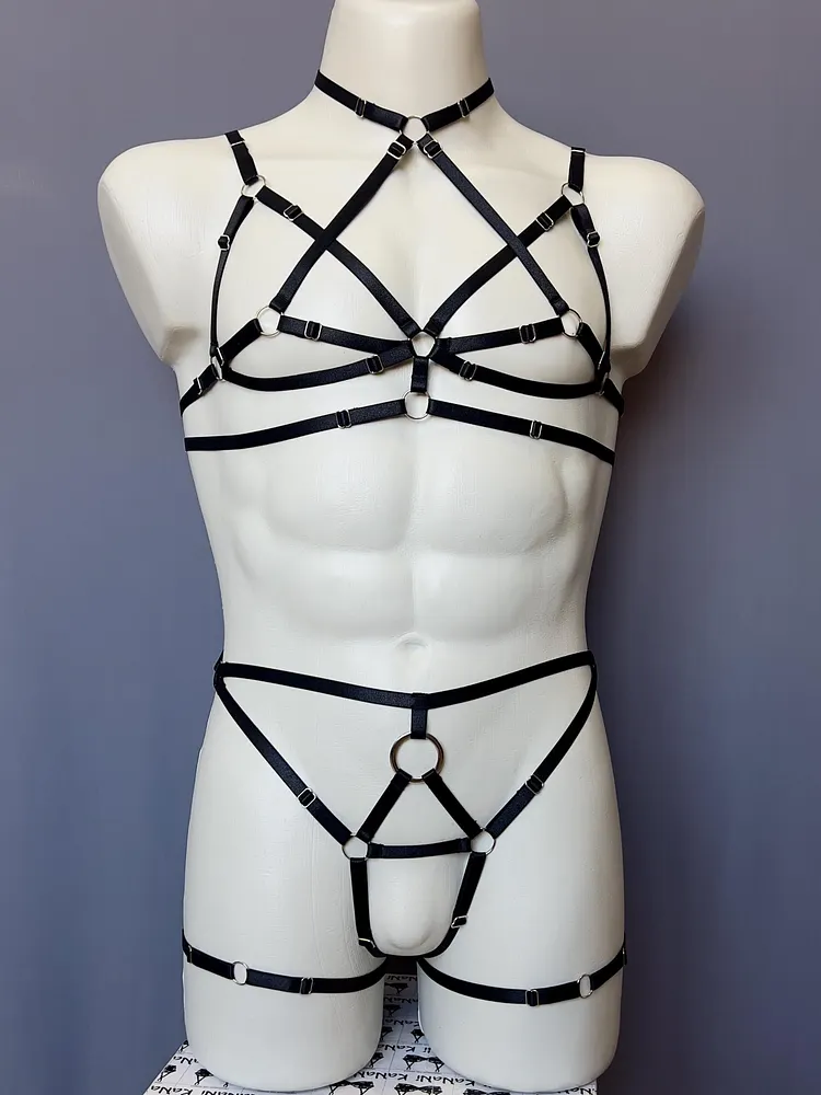 pornhint Pornhint Black Man's Harness For Crossdresser Gay Strappy Lingerie Cupless Bra Crotchless Panty Sissy Bondage Harness Jockstraps Men bdsm outfit men