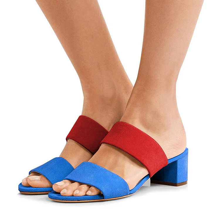 Women's Blue and Red Open Toe Mules Block Heel Sandals |FSJ Shoes