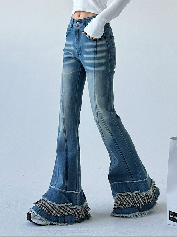 Vintage Patchwork Plaid Trim Bell-bottom Jeans
