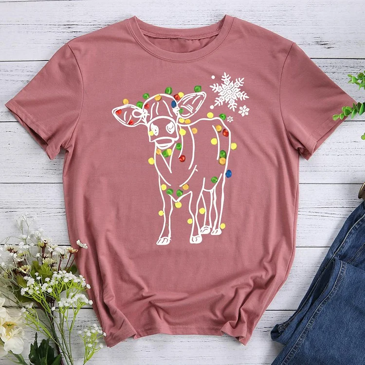 Christmas atmosphere cow Round Neck T-shirt-0020592