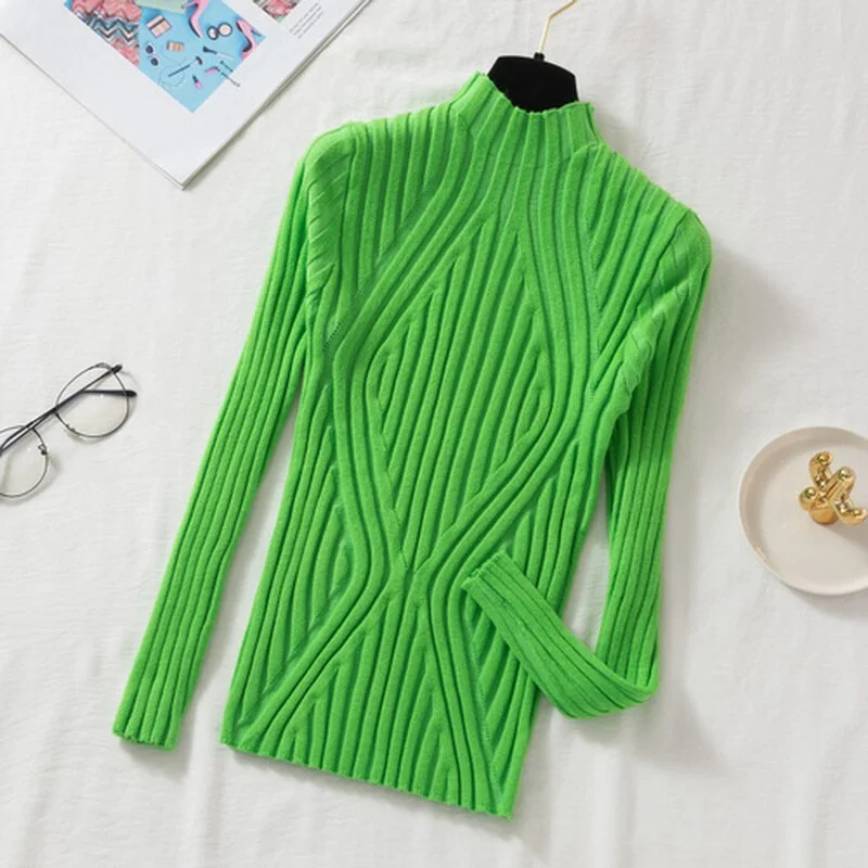 2021 Autumn Rainbow Slim Solid Sweater Tops Pullover Knitted Sweater Women Casual Long Sleeve Office Lady Jumper Sweater 17041