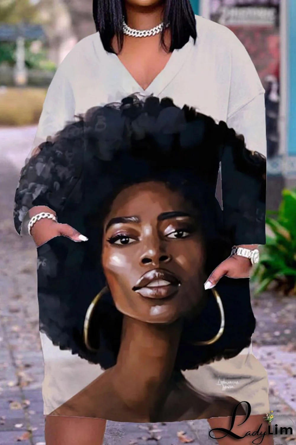 Black Yellow Fashion Casual Print Patchwork V Neck Long Sleeve Dresses