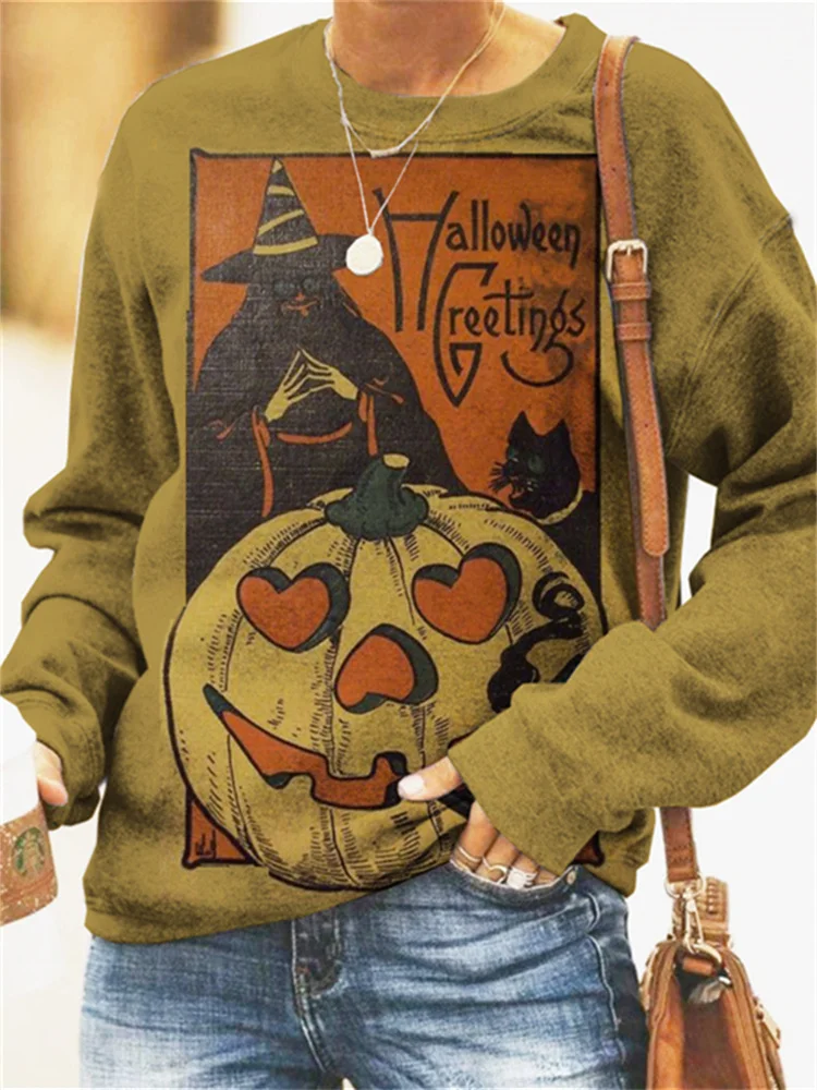 Vintage Halloween Greetings Print Sweatshirt