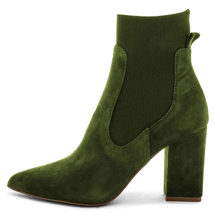 Green Suede Chelsea Boots Chunky Heel Ankle Boots |FSJ Shoes