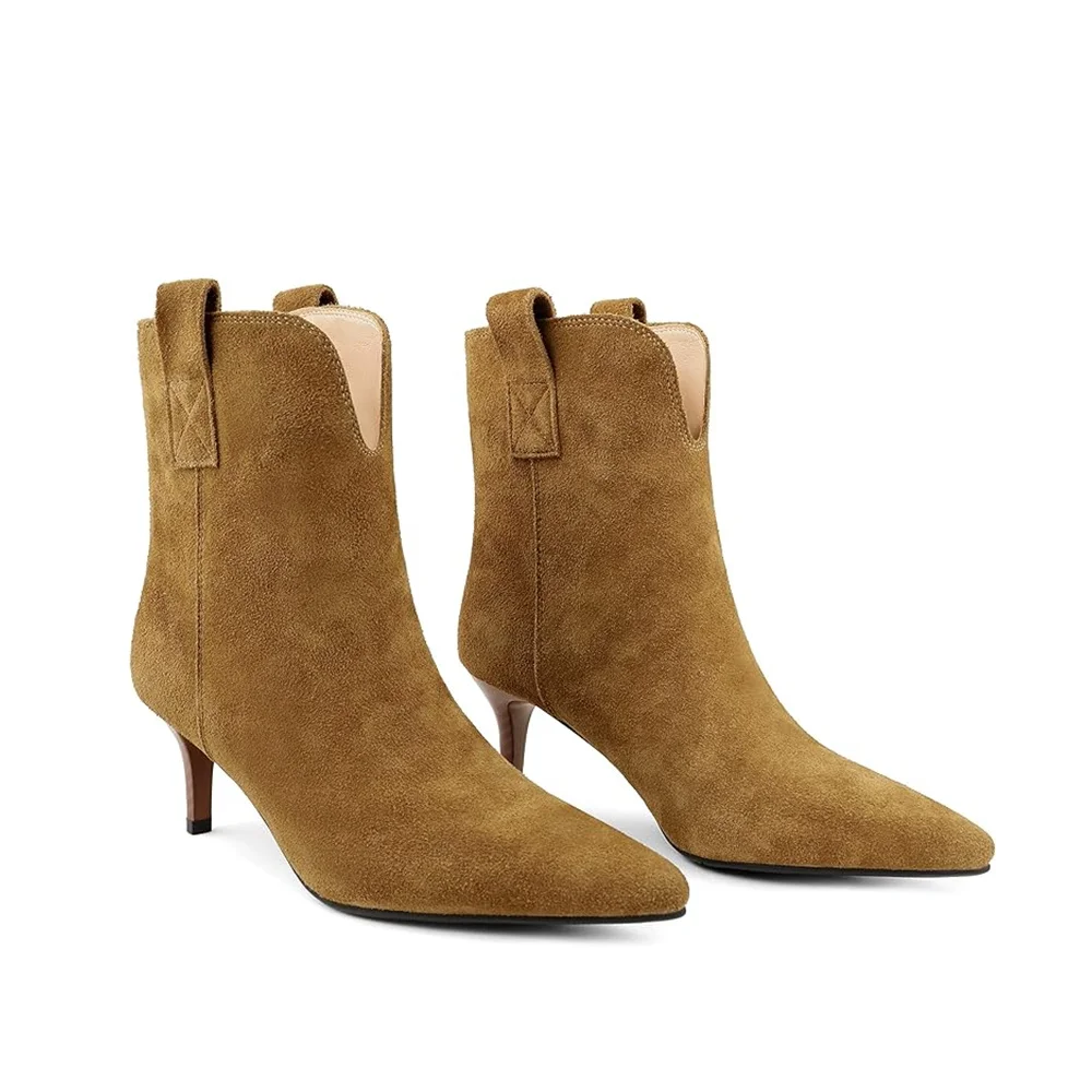 2.36'' Women's Ankle Boots Closed Pointed Toe Kitten Stilettos Suede Booties-MERUMOTE