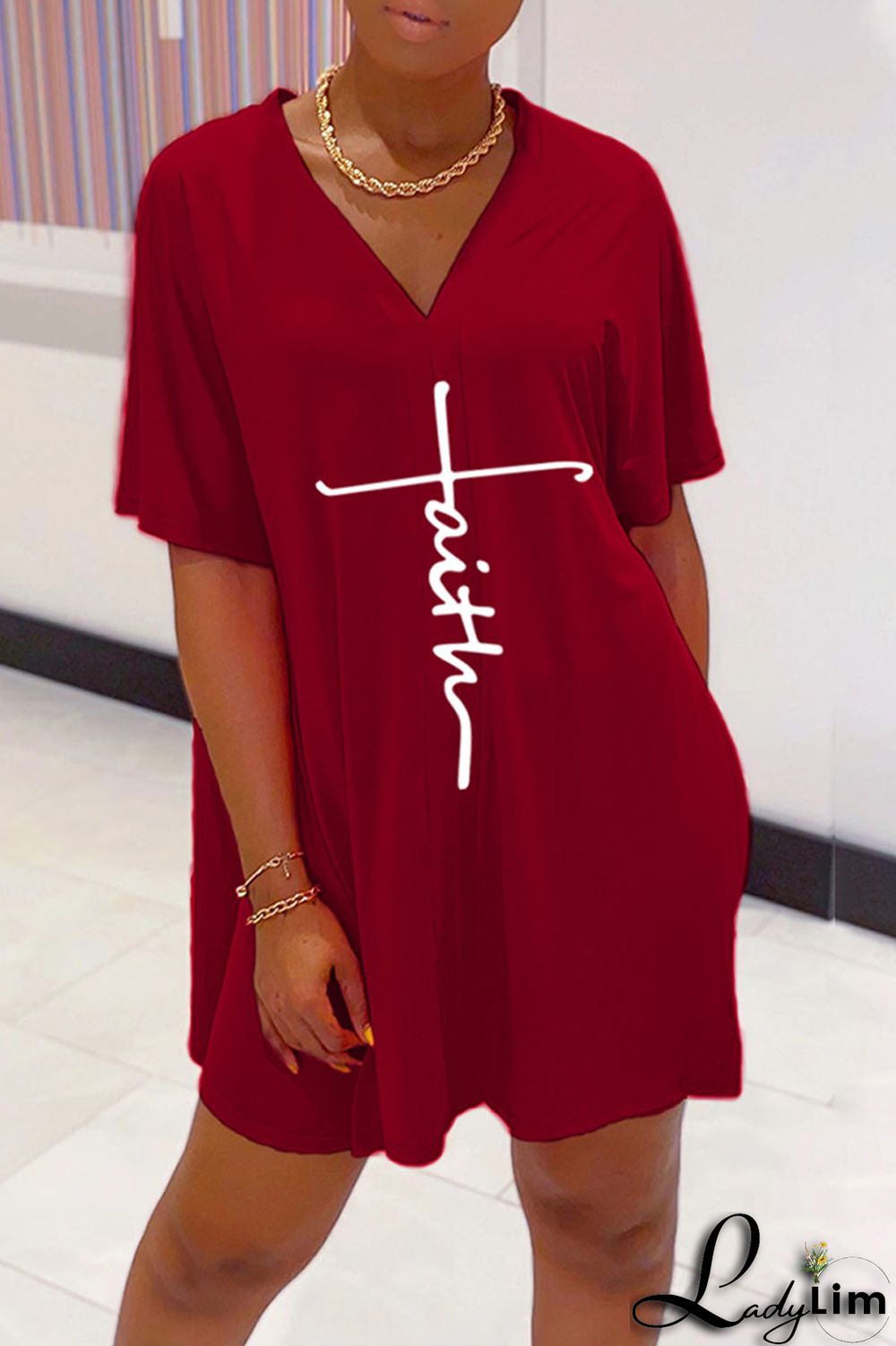 Tangerine Red Casual Print Split Joint V Neck Short Sleeve Two Pieces