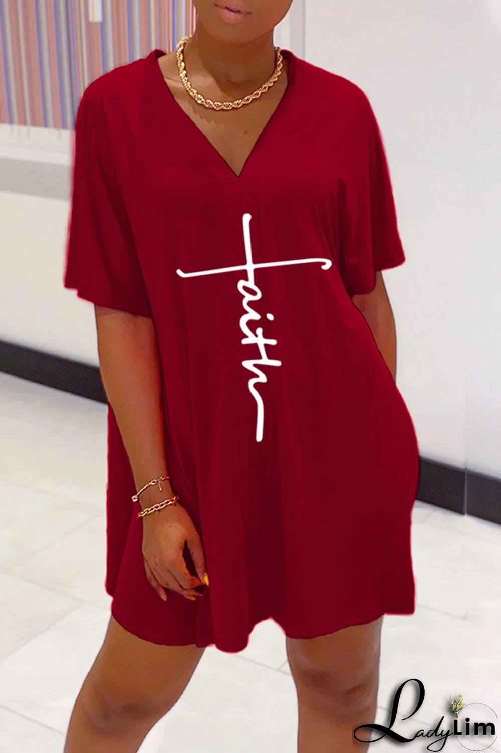 Tangerine Red Casual Print Split Joint V Neck Short Sleeve Two Pieces