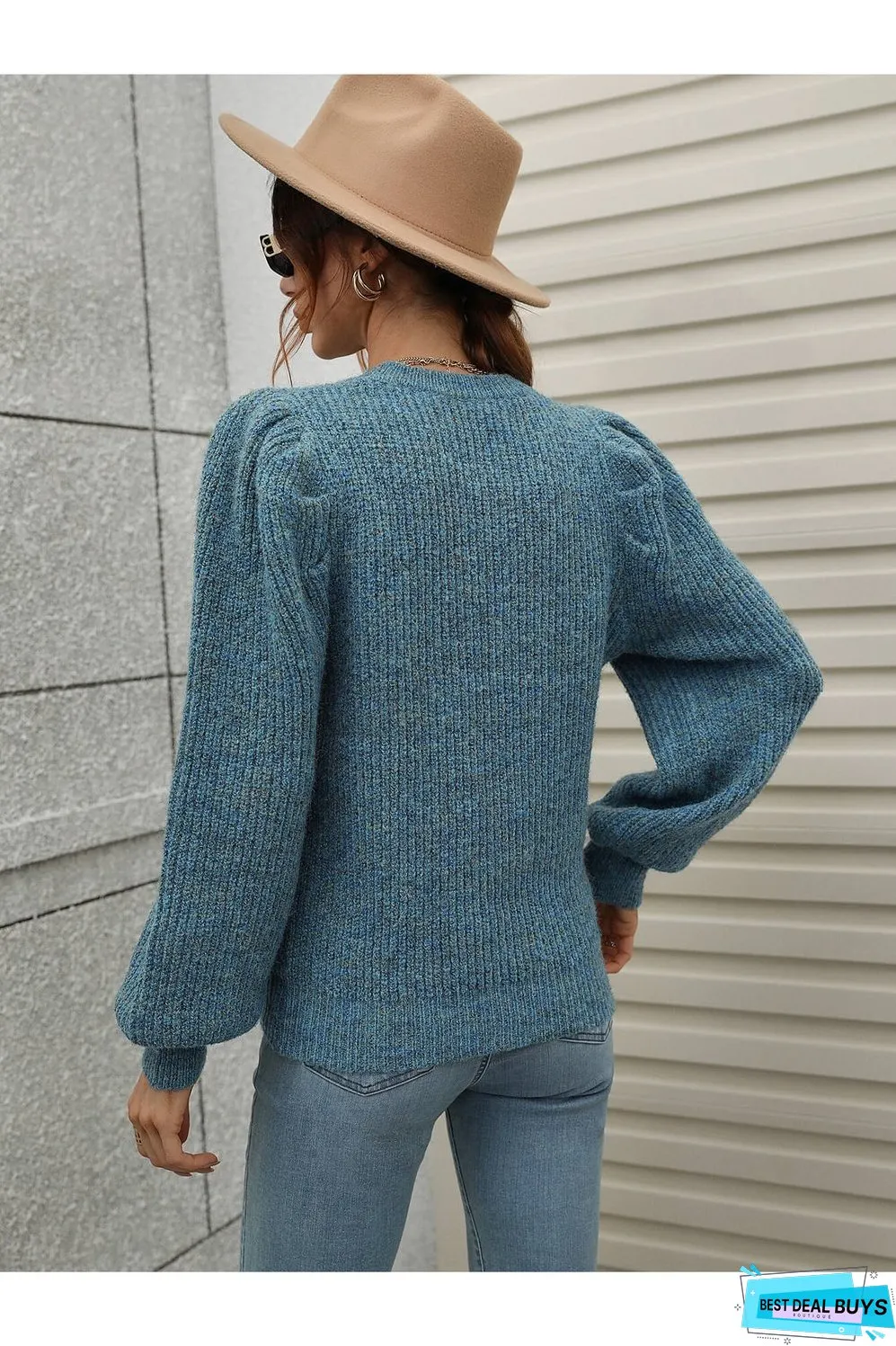 Heathered Long Lantern Sleeve Rib-Knit Sweater