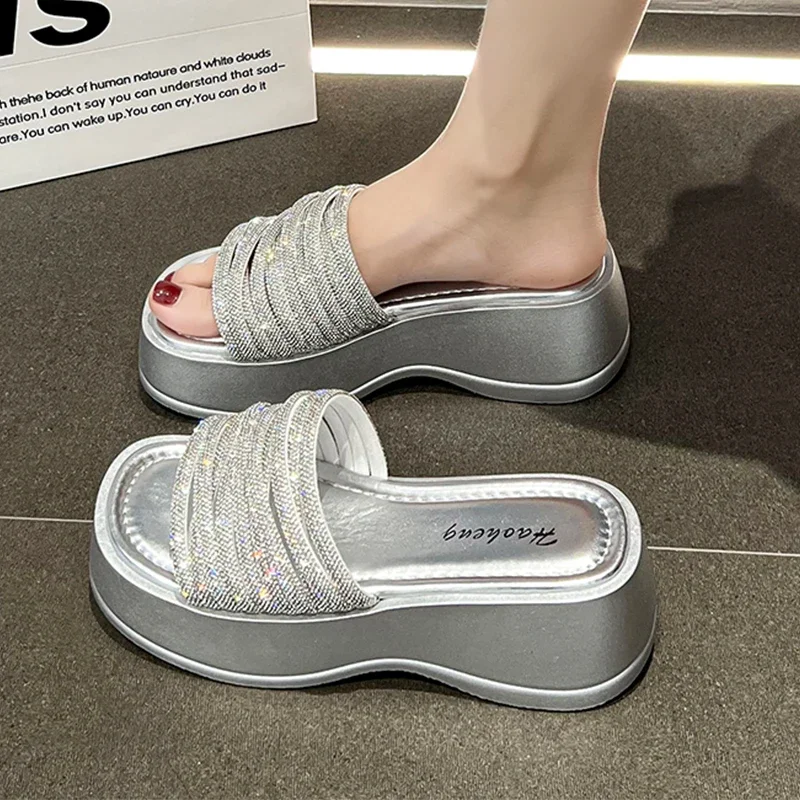 Tanguoant Tanguoant Women Crystal High Heels Slippers Summer Luxury Sandals Wedges Platform Shoes 2024 Slides Slingback Flip Flops Ladies Zapatos