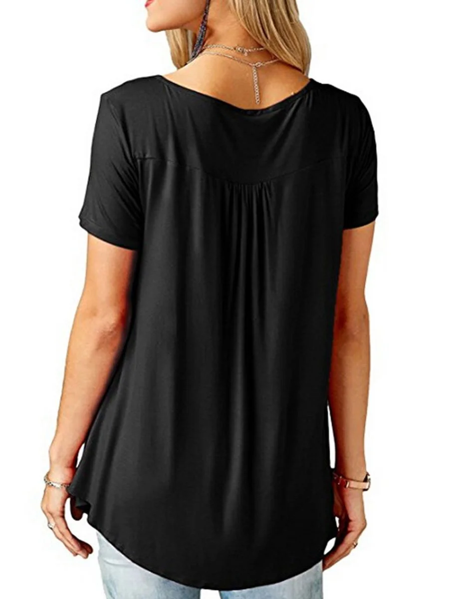 V-Neck  Asymmetric Hem Button Short Sleeve T-Shirts