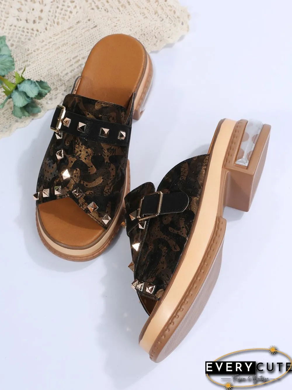 Urban Studded Snake Print Chunky Heel Slippers