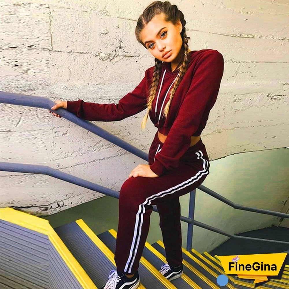 Trending Women's Long Sleeve Casual Suit Lady Fashion Hooded Sweatshirt And Striped Long Pants Two Pieces Outfit For Women