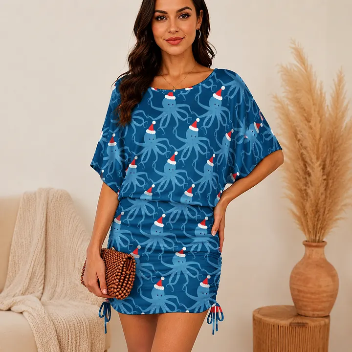SFneewho® Octopus Santa Hat Blue Merry Christmas Ruched Side Bodycon Dress Women Batwing Sleeve Slouchy Night Out Mini Dress