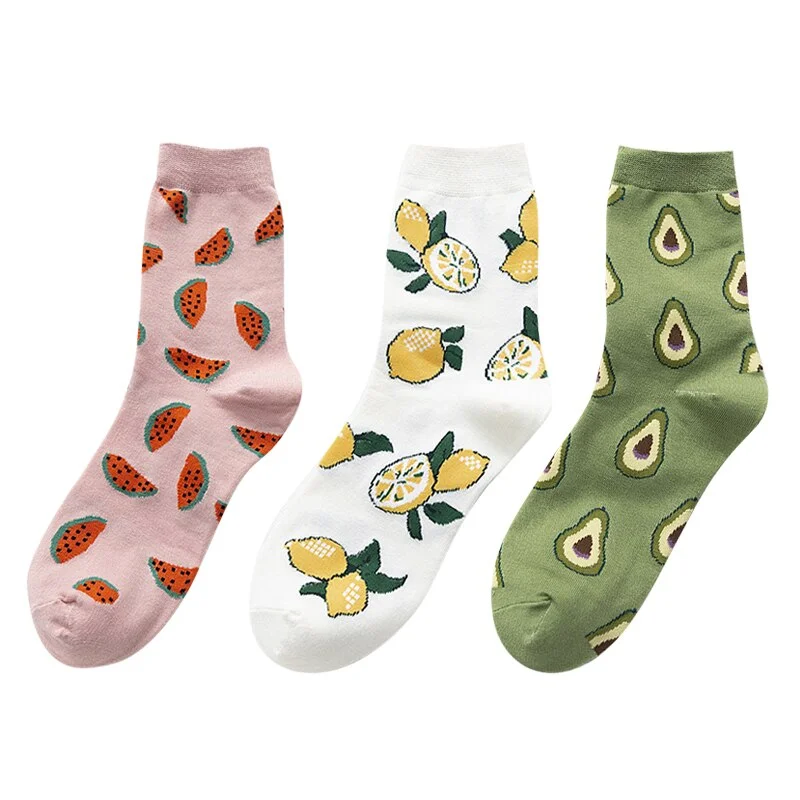 3 Pairs New Cartoon Fruit Cotton Socks Women Strawberry Avocado Lemon Korean Color Harajuku Warm Long Crew Socks Novelty 2020