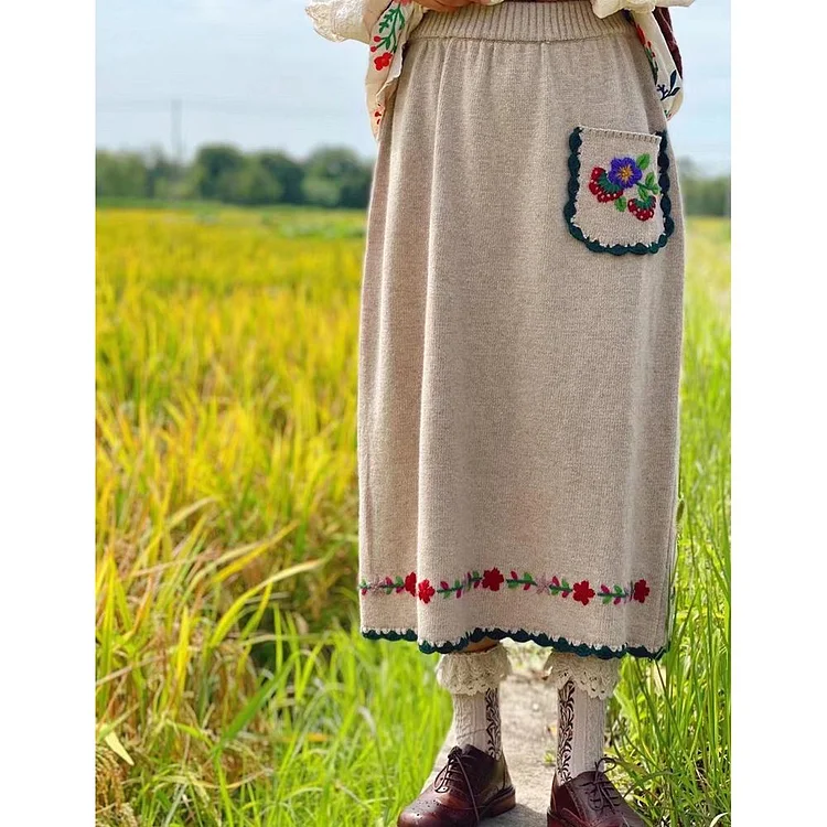 Queenfunky cottagecore style Wool Embroidered Skirt With Cute Pocket QueenFunky