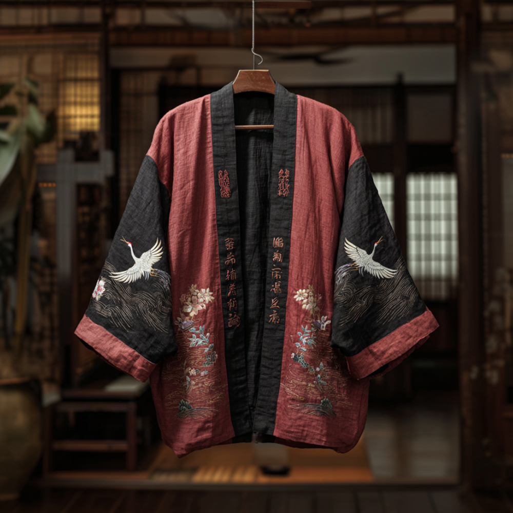 Japanese Style Crane Plant Red And Black Color Cotton Linen Kimono  artssus