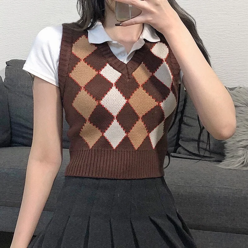 Zoki Argyle Women Sweater Vest Vintage Autumn Knit Pullover Cute Crop Jumper Short Sweater Streetwear Brown Top Dropshipping