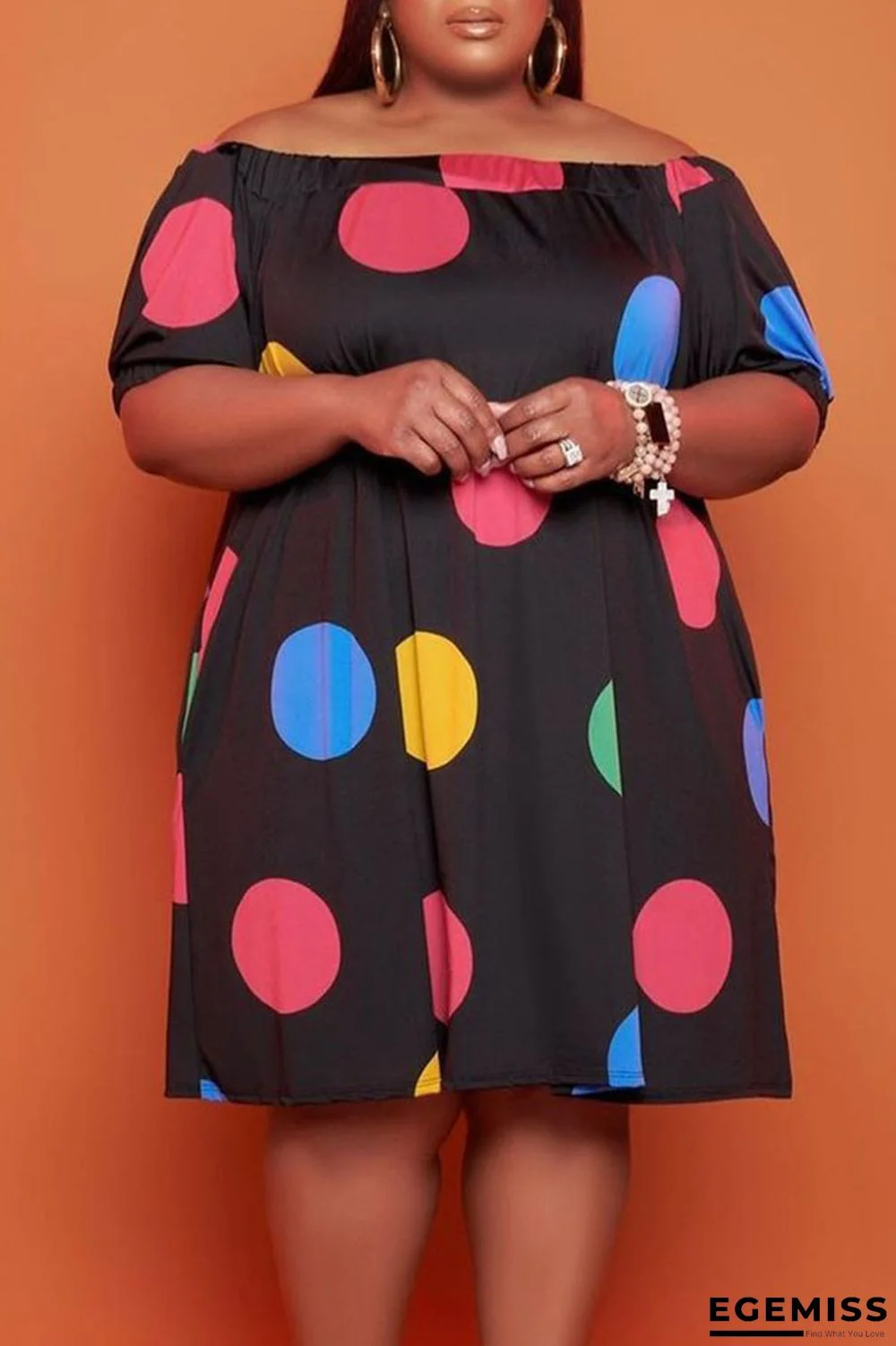 Black Casual Print Polka Dot Patchwork Off the Shoulder Straight Plus Size Dresses | EGEMISS