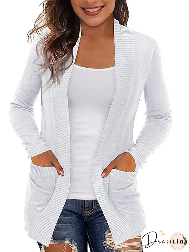 Women's Cardigan Knitted Front Pocket Solid Color Basic Casual Soft Long Sleeve Regular Fit Sweater Cardigans Open