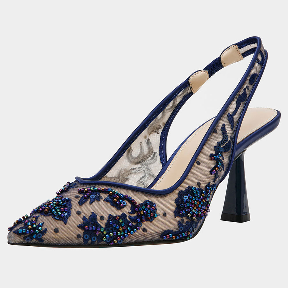Navy Mesh Beads Sequins Slip-On Slingback Heels with Pointed Toe Nicepairs