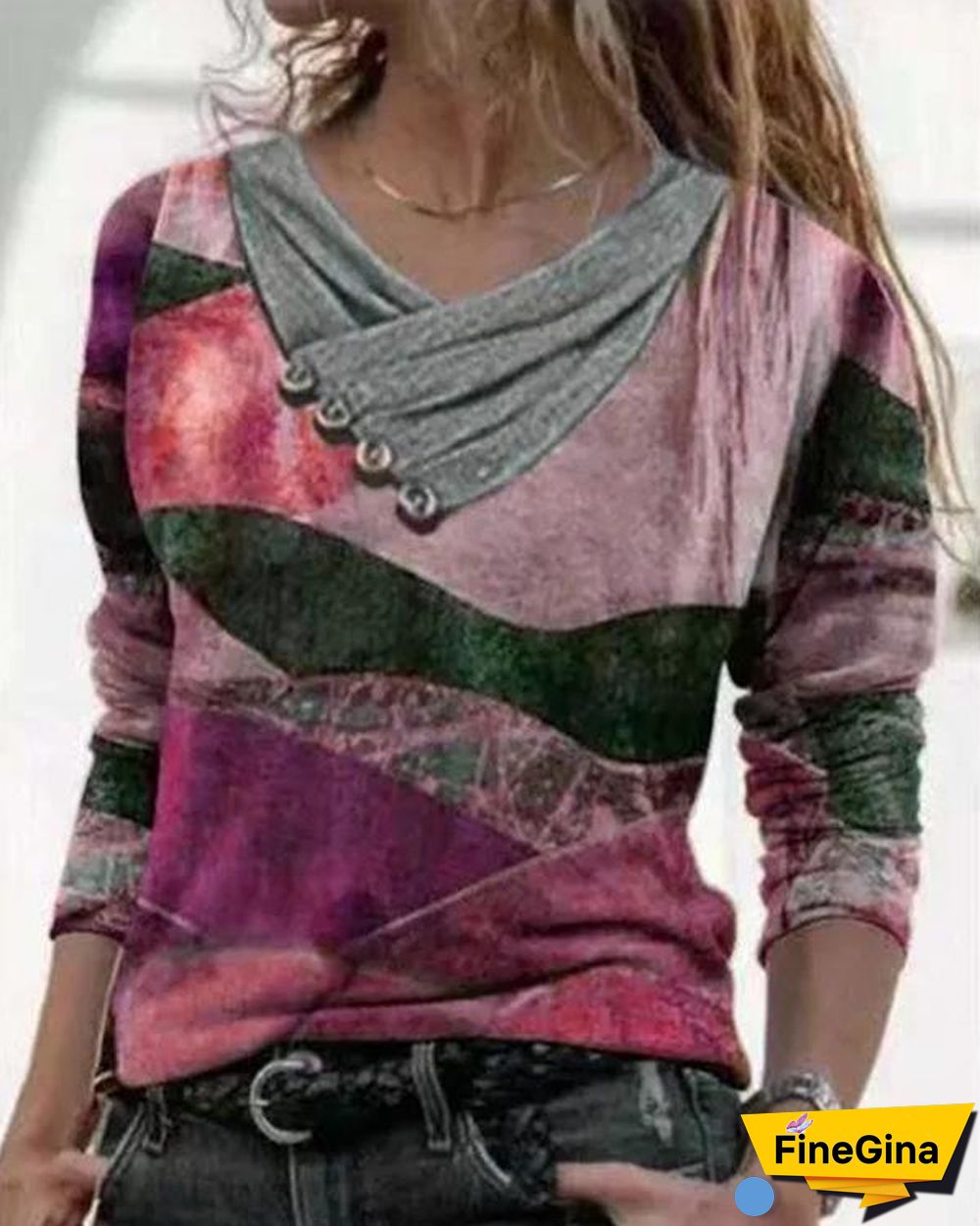 Color Block Casual V-Neckline Long Sleeve Blouses