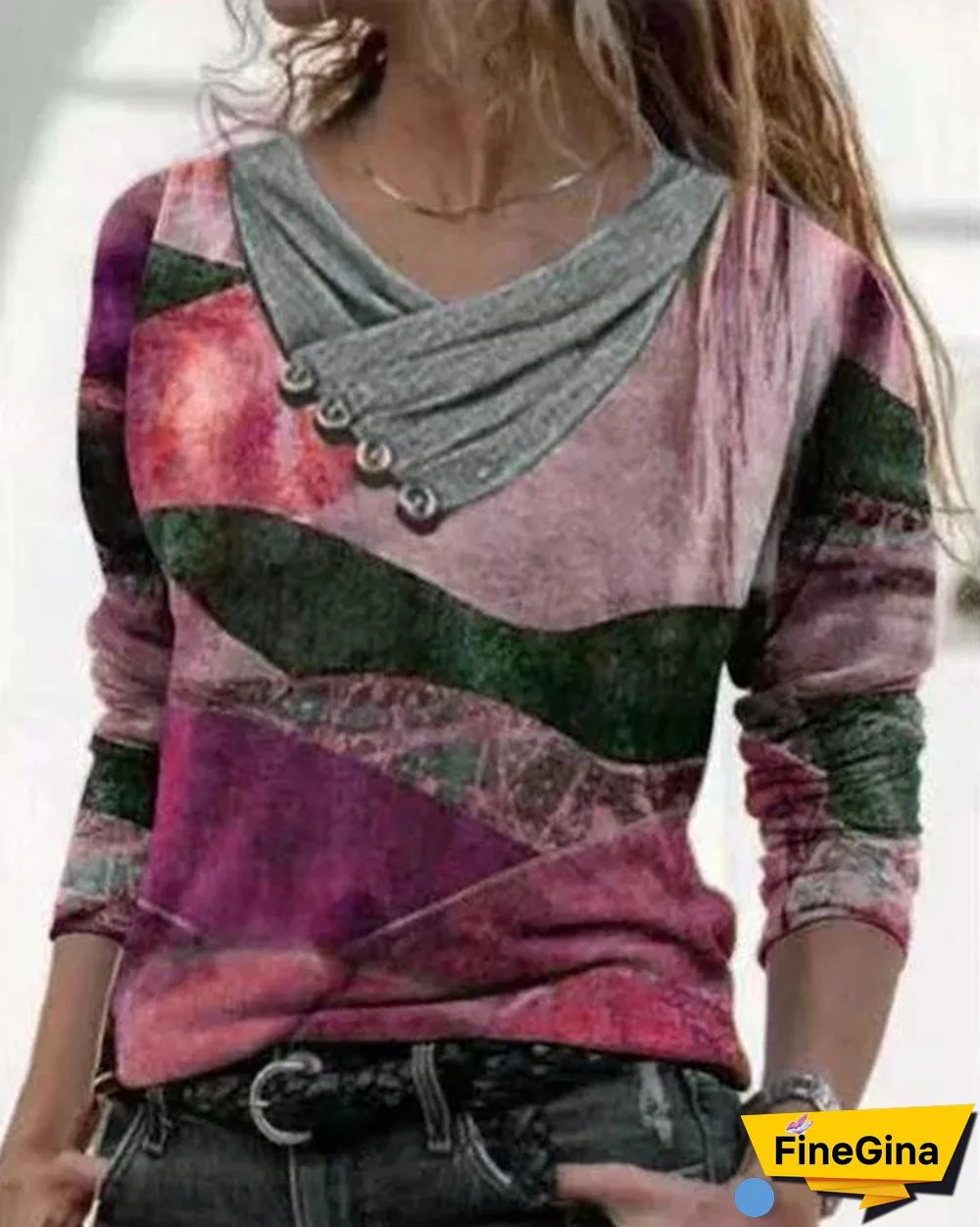 Color Block Casual V-Neckline Long Sleeve Blouses