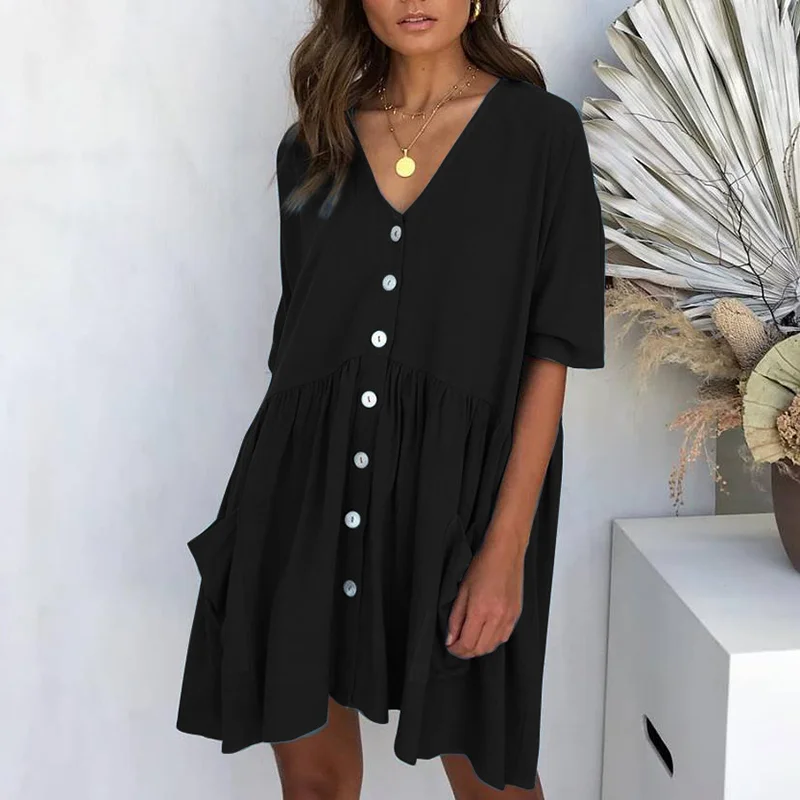 V-Neck Pocket Short Loose Dress