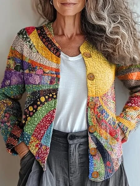 Colorful Warm Sunshine & Sea of Flowers Print Buttoned Cardigan Sweater