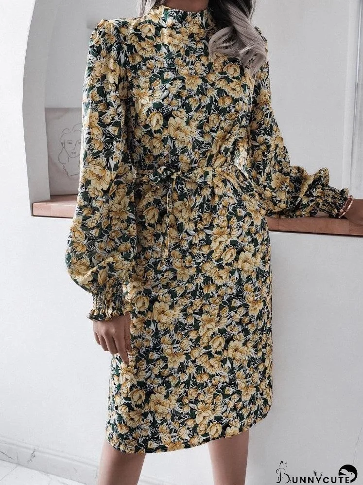 Women's Dresses Floral Stand Collar Lantern Long Sleeve Chiffon Dress