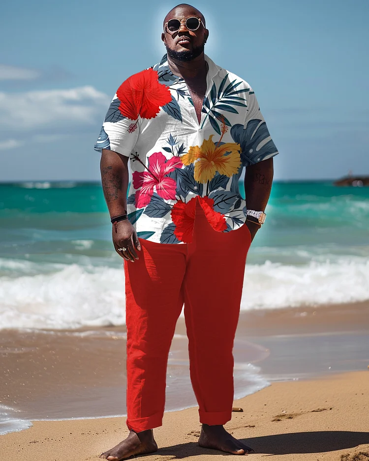 Men's Plus Size Hawaiian Plant Print Short Sleeve Shirt Trousers Suit