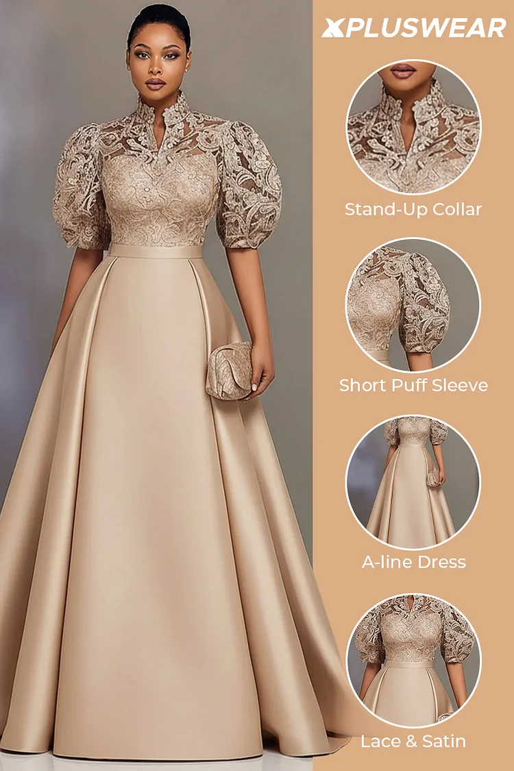 Xpluswear Design Plus Size Formal Satin Champagne Stand-Up Collar Puff Sleeve Short Sleeve Pleated Contrast Lace Maxi Dresses [Pre-Order]