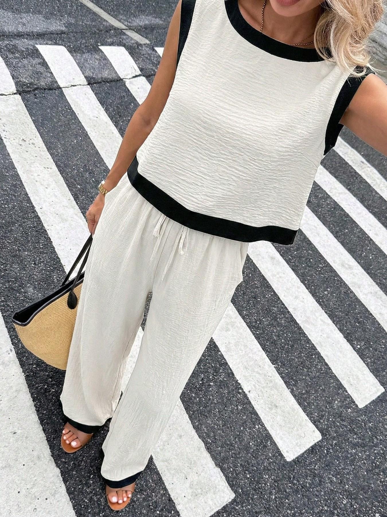 Women's Simple Colorblock Sleeveless Round Neck Top and High Waist Wide Leg Pants Set, Slimming Casual Comfortable for Daily Commute
