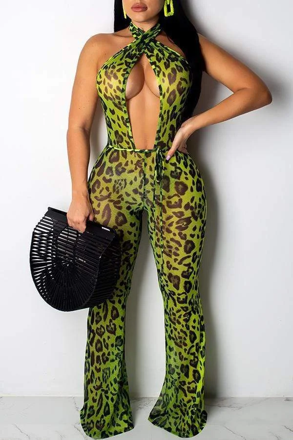 Sexy Leopard Printed Hollow-out One-piece Jumpsuit