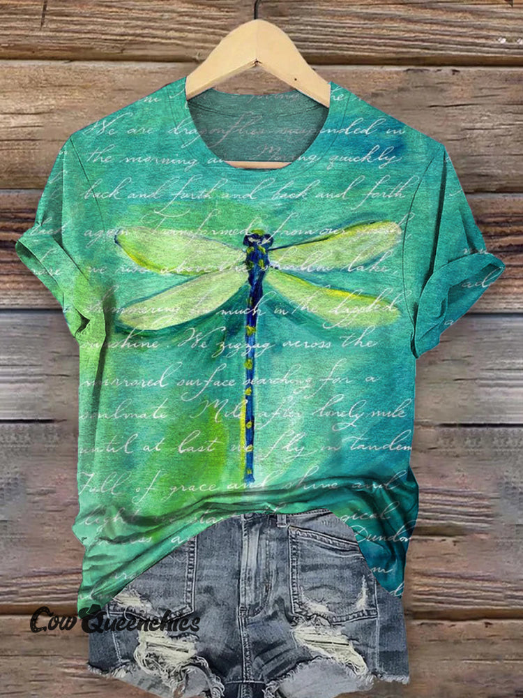 Dragonfly Art Print Casaul Short Sleeve T-shirt Multicolor / S