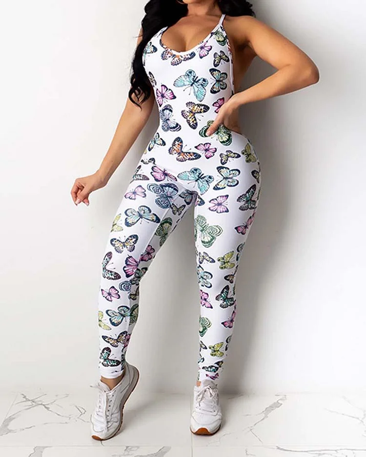 Sleeveless Plant print Frenulum Casual Wear Jumpsuit
