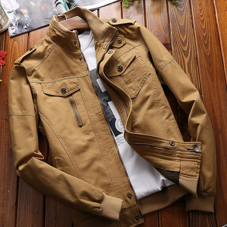 Men's Casual Stand Collar Zipper Chest Pocket Button Pockets Solid Jacket