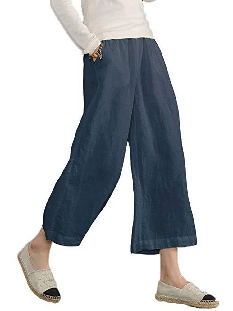 Plus Size Daily Shift Casual Cotton-Blend Buttoned Solid Pants