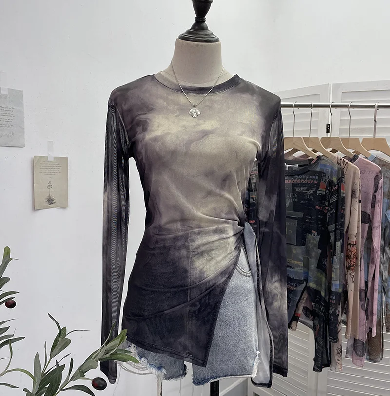 Uveng Vintage Tie-Dye-Print Net Yarn Jersey Long-Sleeved Top Irregularly T-Shirt With Thin Short T-Shirt 1919