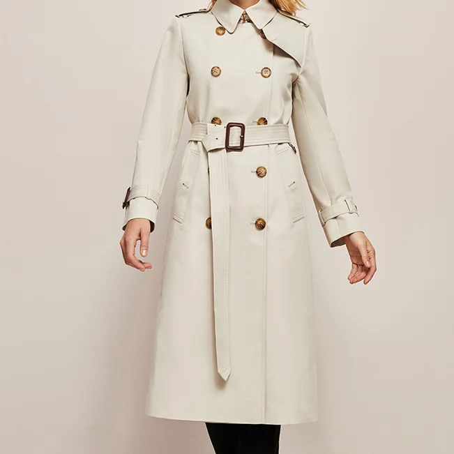 British style long trench coat for women classic double breasted waist trench coat VOCOSI VOCOSI