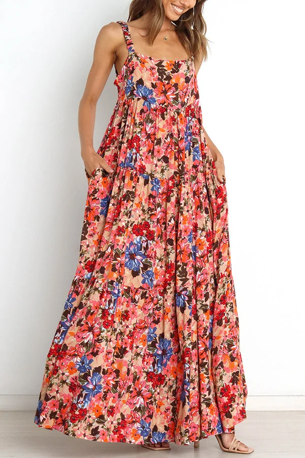 Uniquely Lovely Floral Pocketed Tiered A-line Maxi Dress