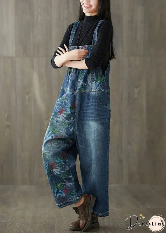 Style Navy Patchwork Print Denim Wide Leg Jumpsuit Spring
