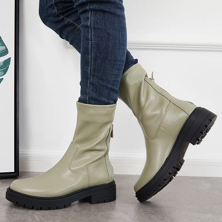 Faux Leather Sock Booties Block Heel Back Zip Up Mid Calf Boots