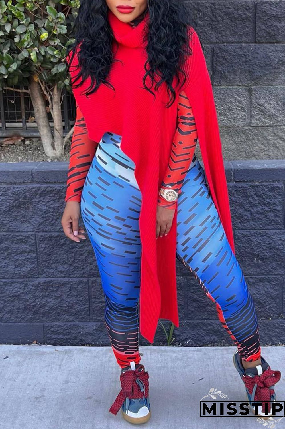 Red Street Solid Patchwork Slit Asymmetrical Turtleneck Tops