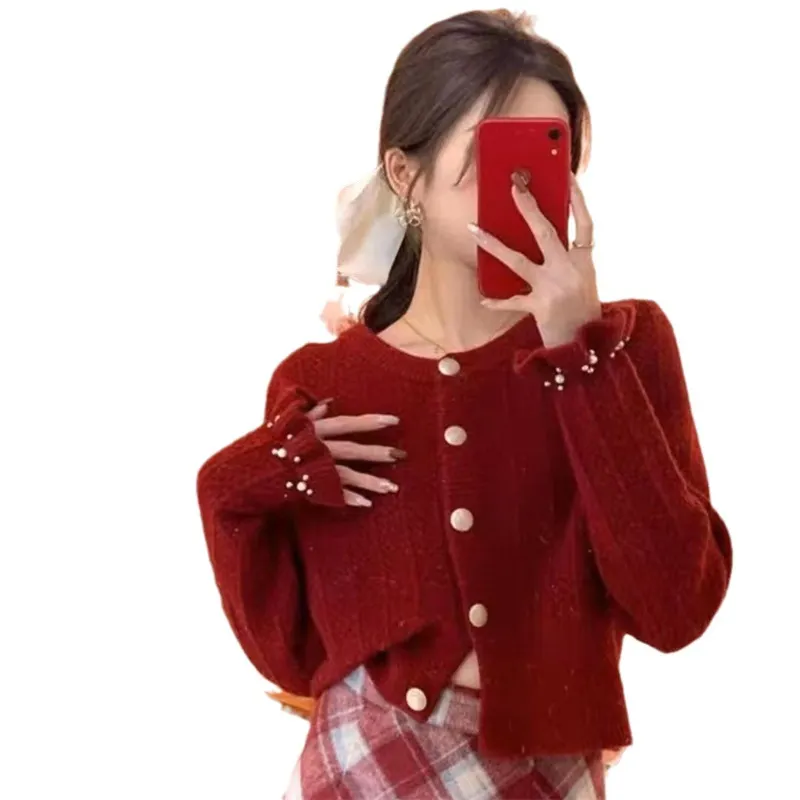 Churchf Churchf Version Autumn Winter Gentle Department Lotus Leaf Sleeve Sweet Wind Round Collar Sweater Female Design Feeling Nail Bead Knit Cardigan Jacket Tide