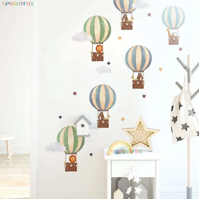 Cartoon Hot Air Balloon Wall Sticker for Baby Boys Room Living Room Brave Animals Lion Girafee Monkey Bear Nursery Kids Stickers